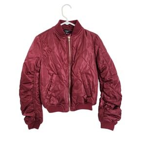 Lulus Style Expedition Burgundy Quilted Bomber Jacket Women XS Satin Outdoor NEW